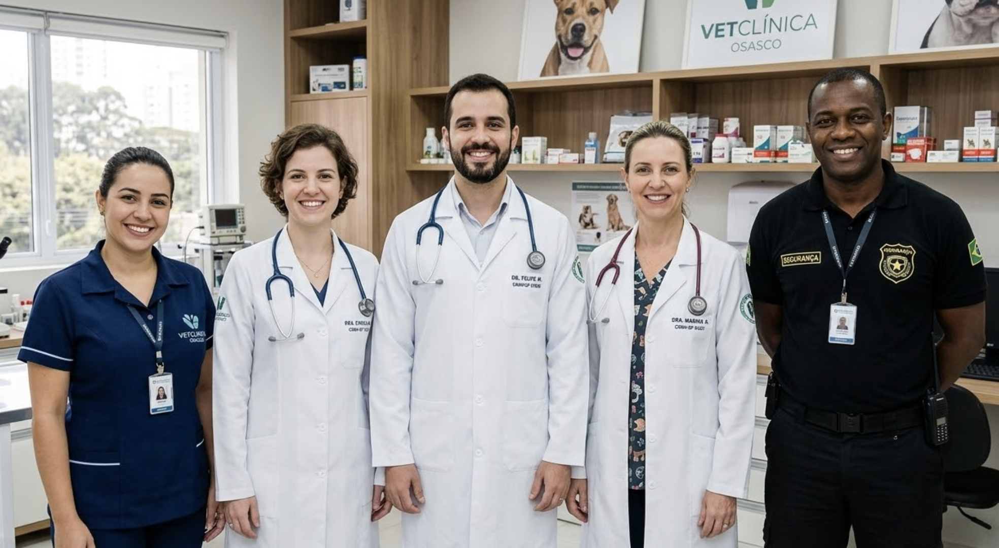 Equipe médica da clínica veterinária sorrindo e uniformizada