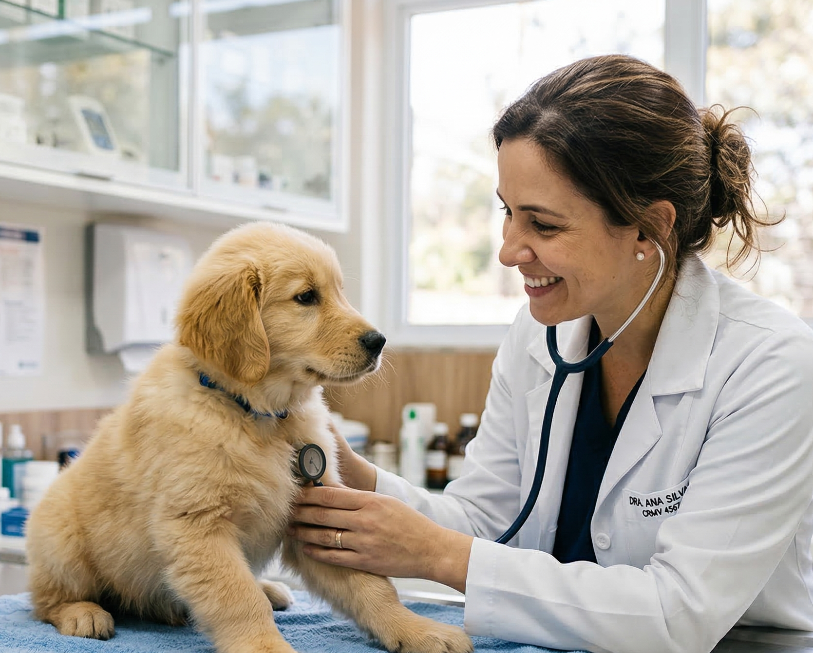Veterinária sorrindo examinando um lindo filhote de cachorro